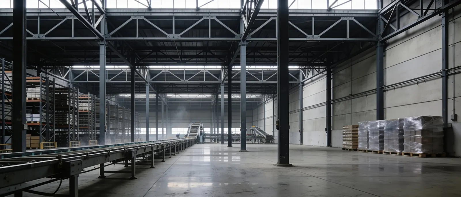 Inside a working manufacturing facility: steel structure, racking, and a quiet floor